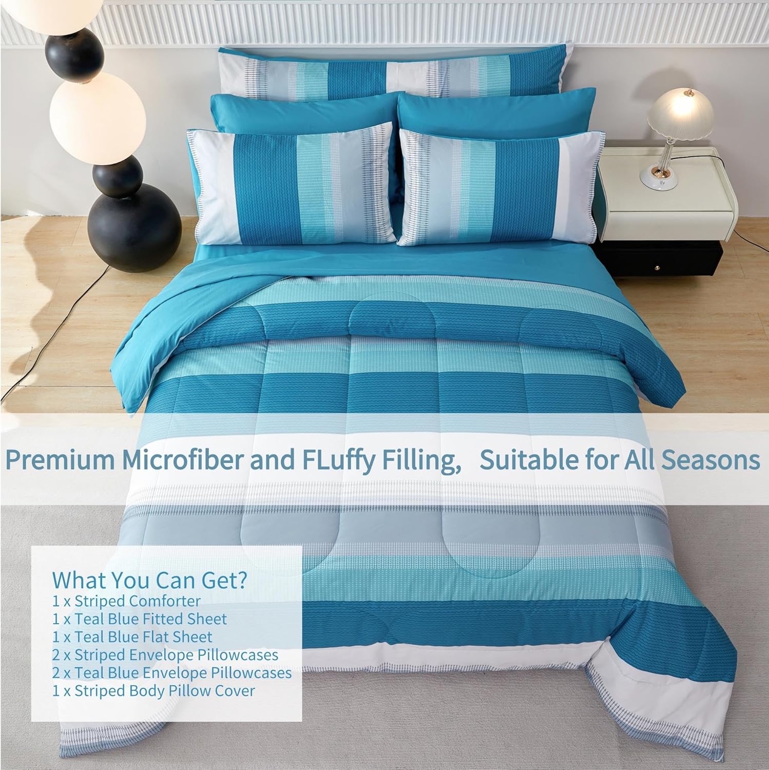 RYNGHIPY 8 Pieces Teal Grey Full Bed Comforter Sets, Soft All Season Boys Men Women Comforter Bedding Set, Turquoise Stripe Colorblock Bed in a Bag Lightweight Fluffy (Full,Teal Grey) - Image 2