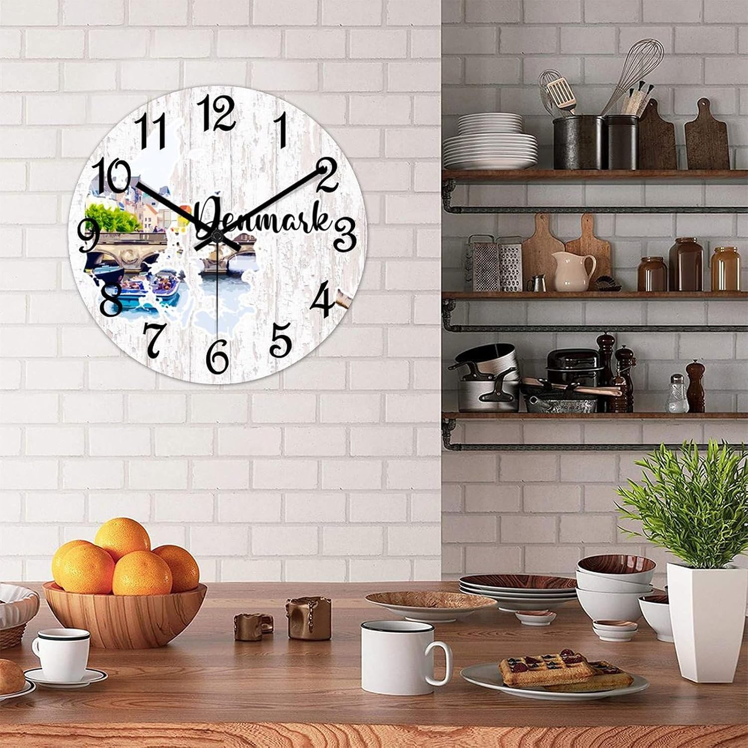 Denmark Landmark Landscape Decorative Wood Clock Denmark Map Clocks for Wall Battery Operated Silent Clocks for Bathroom Bedroom 15x15in New Home Housewarming Gift