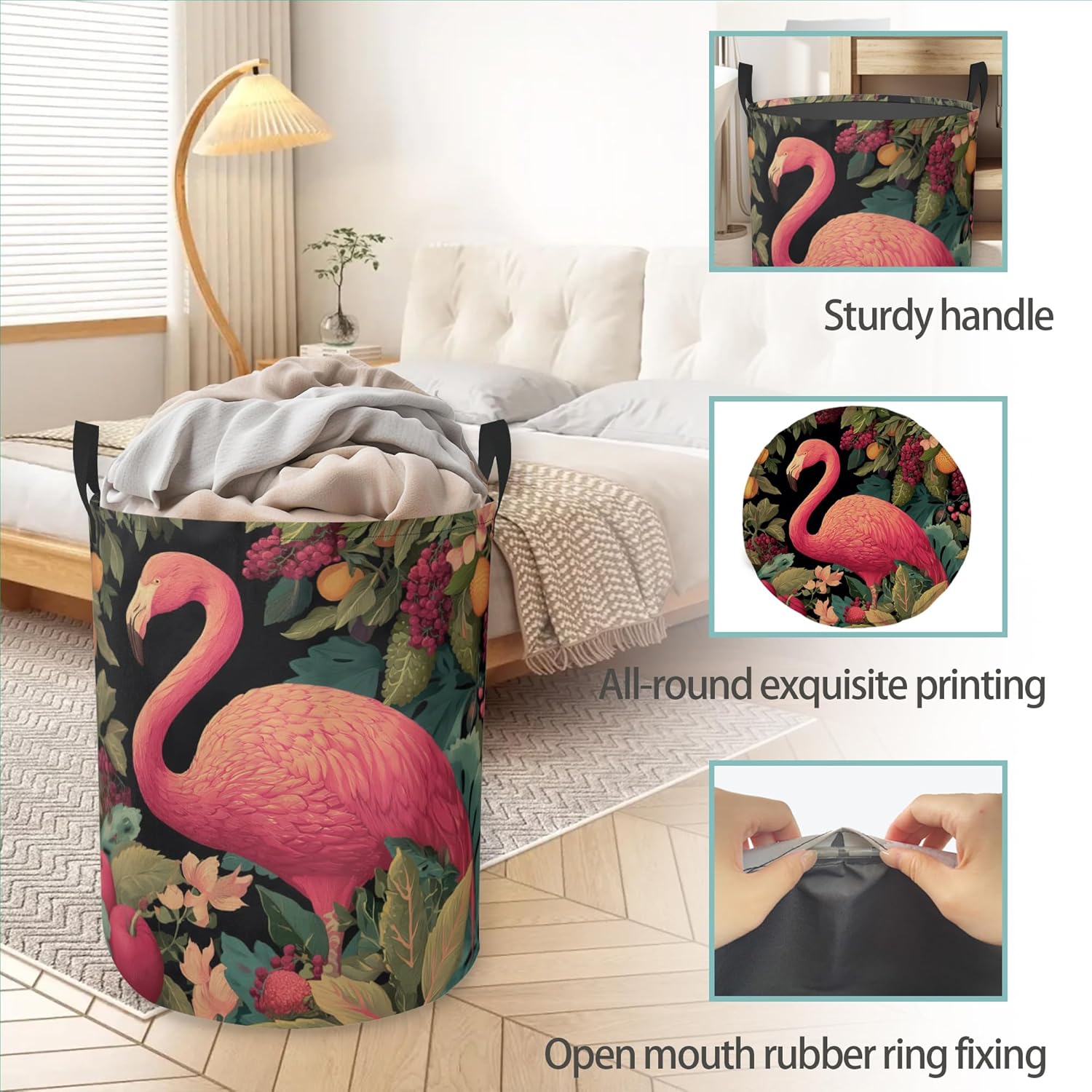 Laundry Basket With Handle, Dirty Clothes Laundry Hamper, Oxford Cloth Bin Storage Organizer for Toy Collection (Tropical Flamingo)