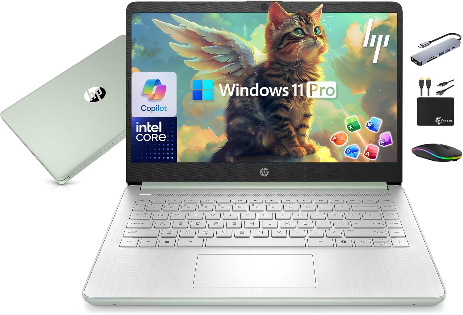 HP 14" Laptop Computer 2025-2026 Business Student, Copilot AI, Lifetime Office, 4-Core Intel CPU, 16GB RAM, 628GB Storage (128GB UFS+500GB Ext), Wi-Fi 6, 10+ Hrs, MarxsolAccessory, Win 11 Pro, Green