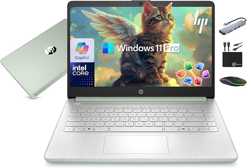 HP 14" Laptop Computer 2025-2026 Business Student, Copilot AI, Lifetime Office, 4-Core Intel CPU, 16GB RAM, 628GB Storage (128GB UFS+500GB Ext), Wi-Fi 6, 10+ Hrs, MarxsolAccessory, Win 11 Pro, Green
