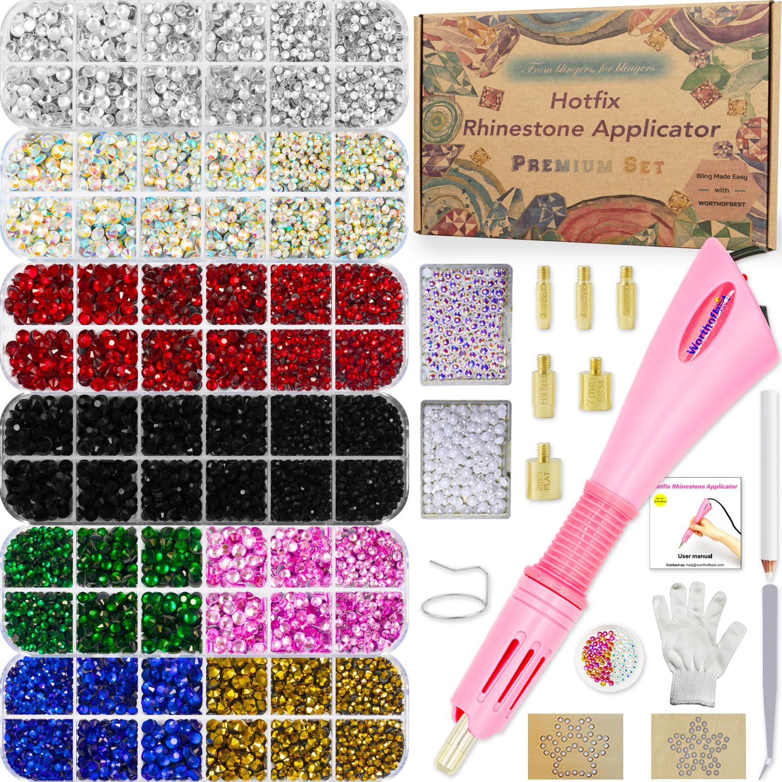 Hotfix Rhinestone Applicator Kit, 10000 Glass Rhinestones & 500 Pearls