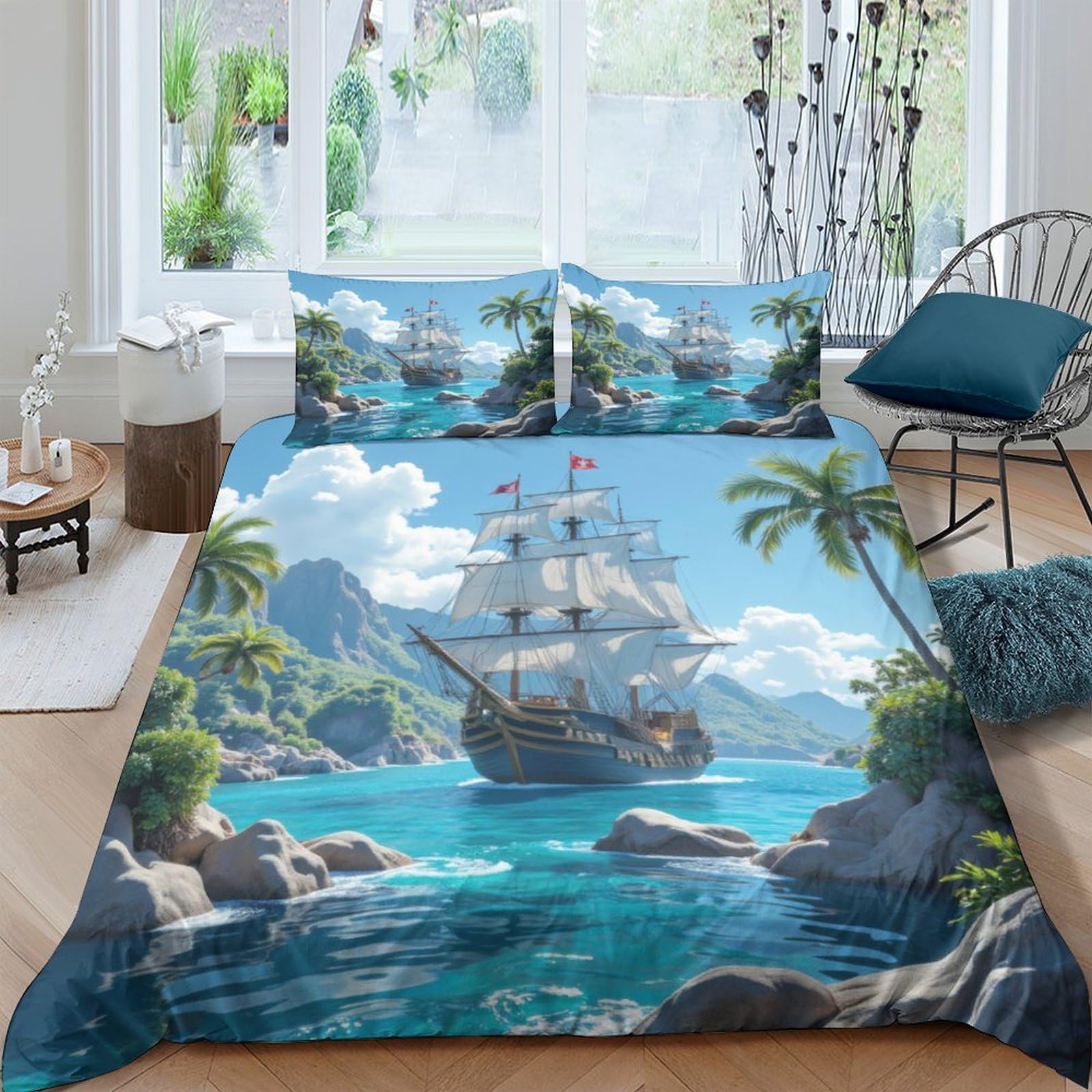Ctjqhvkz Style-7 3D Printed Pirate Ship Ocean Fitted Sheet Microfiber Non-Slip Bed Cover Blue Nautical Bedroom Decor Easy Care Single（135X200cm）