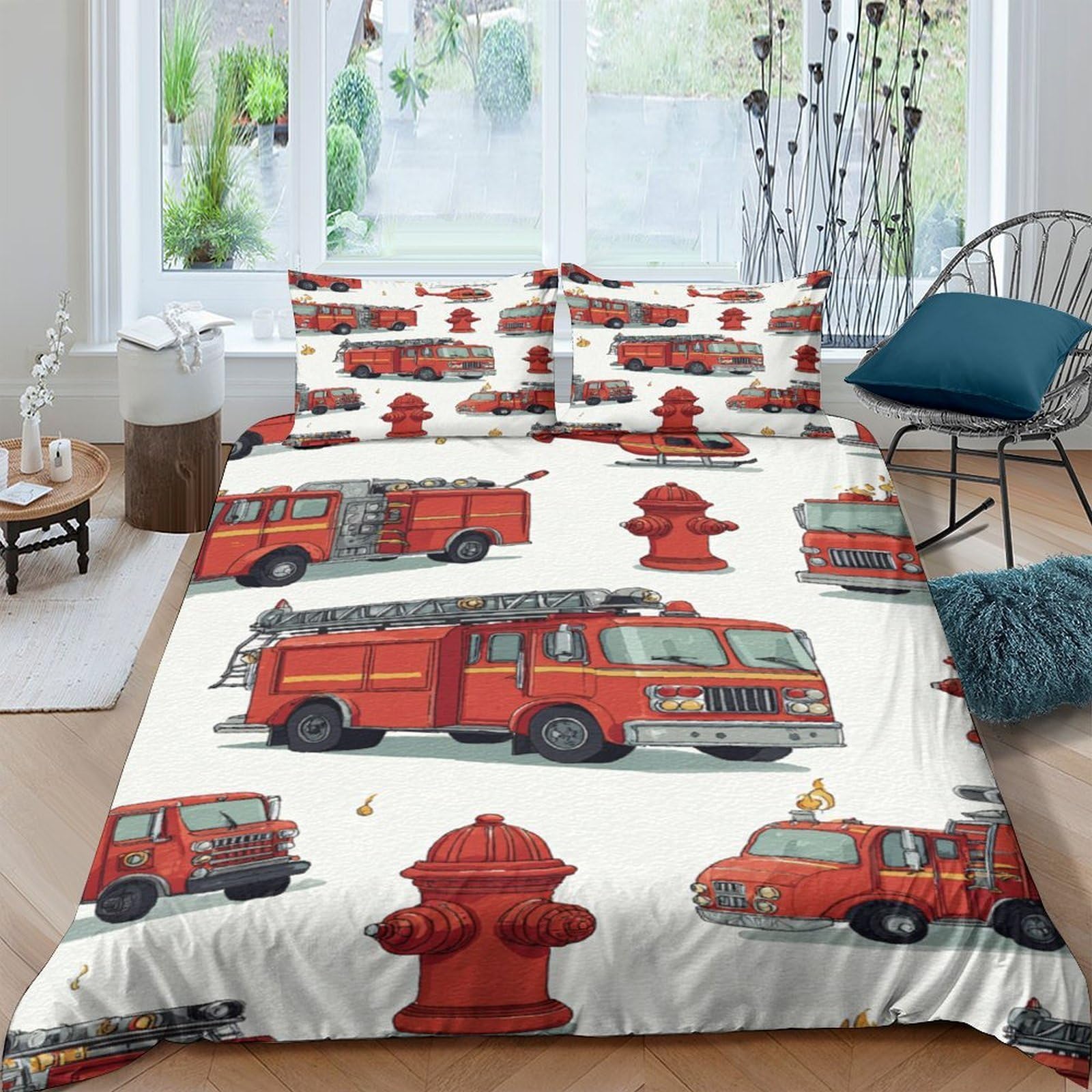 Ctjqhvkz Style-1 3D Printed Fire Truck Fitted Sheet Microfiber Soft Red Hydrant Bed Cover For Bedroom Dorm Easy Care Mattress Protector Single（135X200cm）