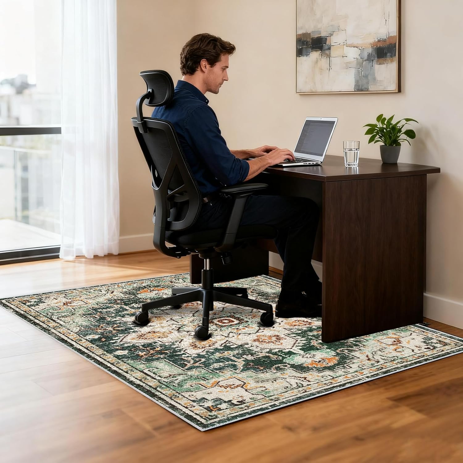 Heavy-Duty Chair Mats for Hardwood Floors & Carpet,Non-Slip Desk Chair Mat Protects Wood & Tile,Office Chair Mat for Carpet, Under Desk Rug for Rolling Chairs (Green Pattern, 3.9ftx4.9ft)