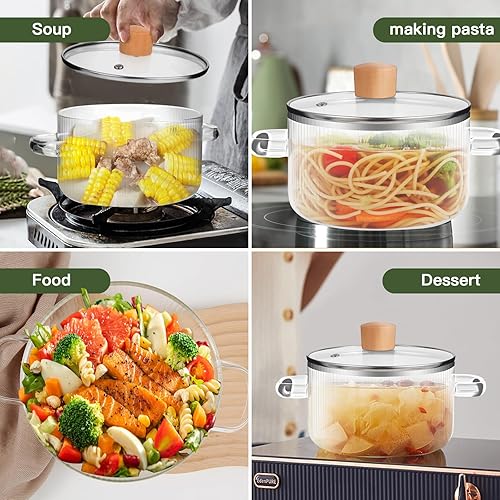 Miniatura 6 de Olla de cocción de vidrio con tapa, olla a fuego lento de 60.8 onzas, resistente al calor, estufa de borosilicato, olla de cocción de vidrio con