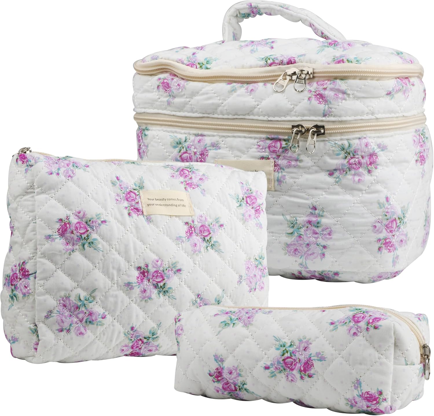 Dual Layer Cute Makeup Bag for Women(3 Pcs), Quilted Floral Coquette Aesthetic Make up Bags, Travel Cosmetic Bags Toiletry Organizer Bag(Purple Grass)