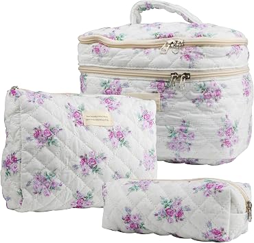 Dual Layer Cute Makeup Bag for Women3 Pcs, Quilted Floral Coquette Aesthetic Make up Bags, Travel Cosmetic Bags Toiletry Organizer BagPurple Grass