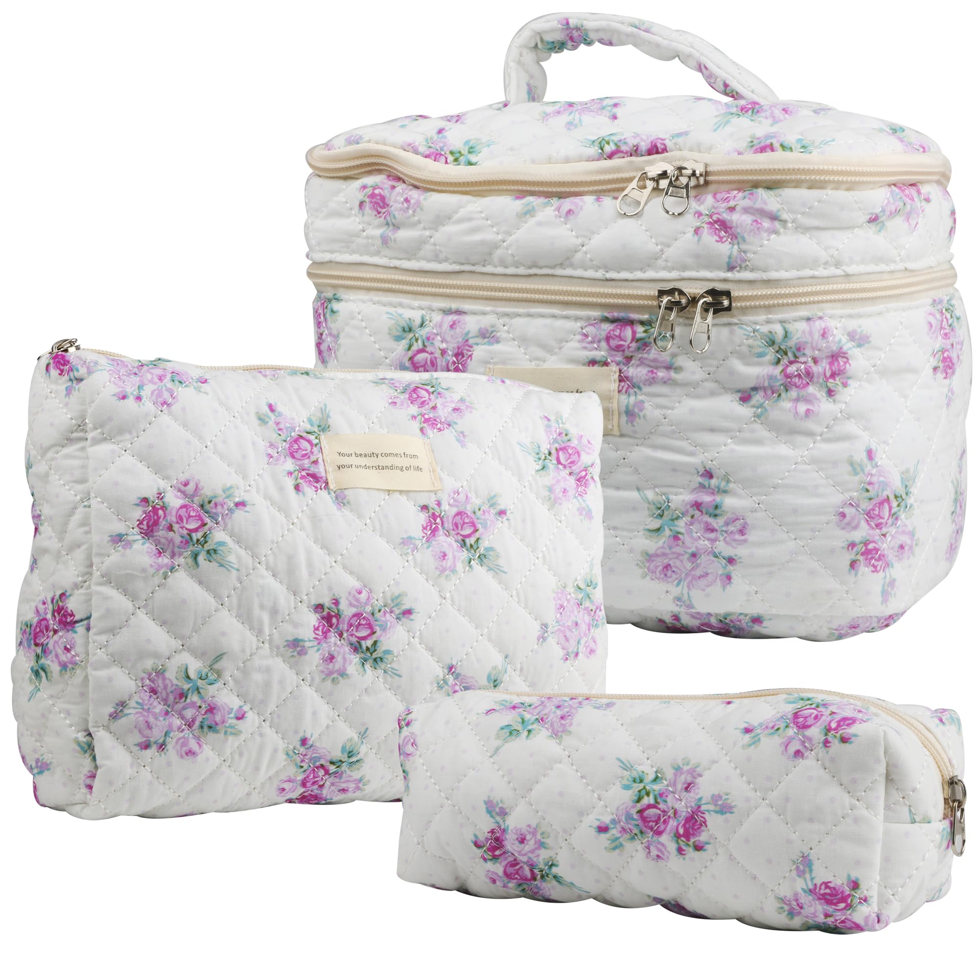 NOYINMIN Dual Layer Cute Makeup Bag for Women(3 Pcs), Quilted Floral Coquette Aesthetic Make up Bags, Travel Cosmetic Bags Toiletry Organizer Bag(