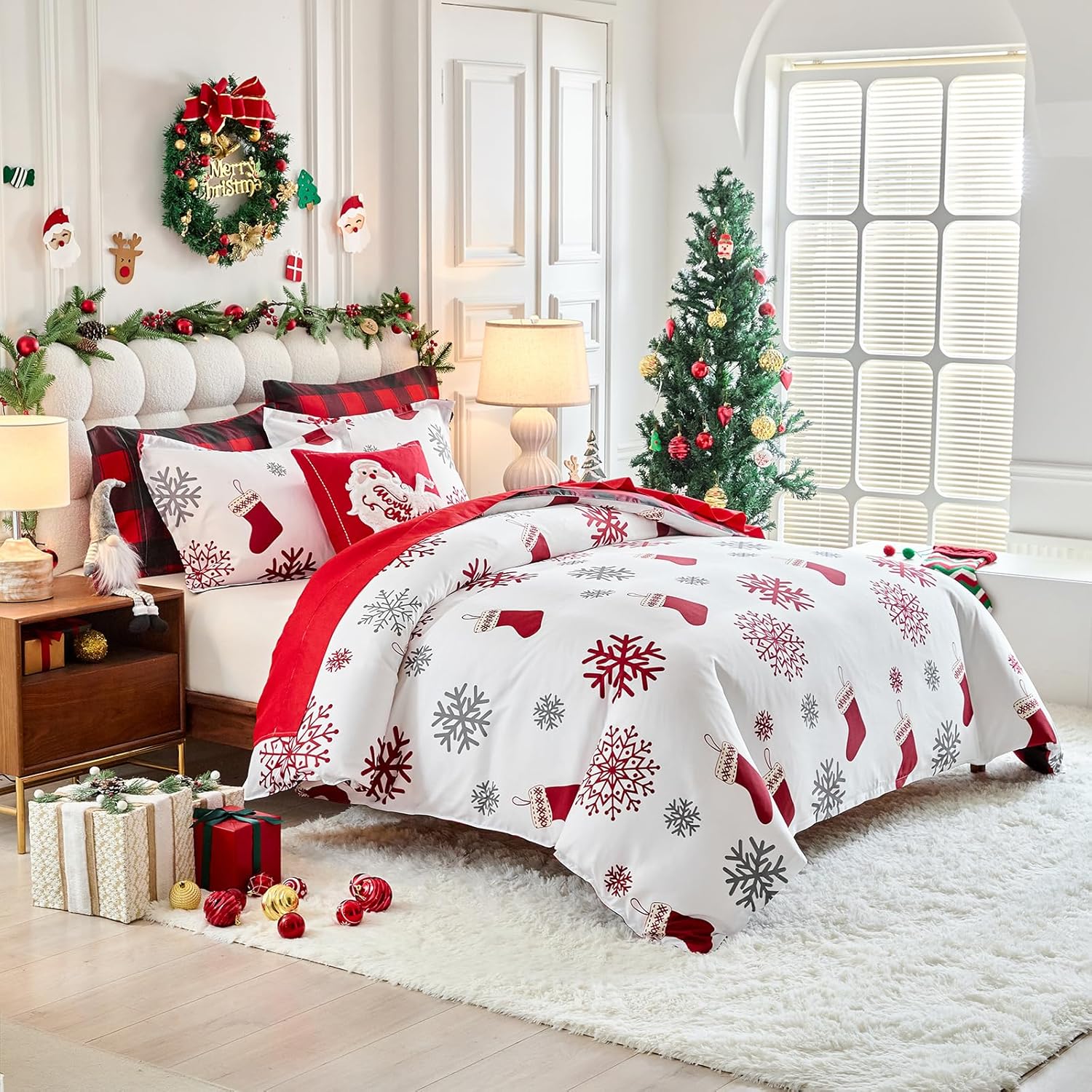 UOZZI BEDDING Christmas White Duvet Cover Set Twin Size 3 Pieces with Red Gray Snowflake and X-mas Gift Socks Holiday Style for New Year Gift Decor Choice with 2 Pillow Shams Corner Ties and Zipper