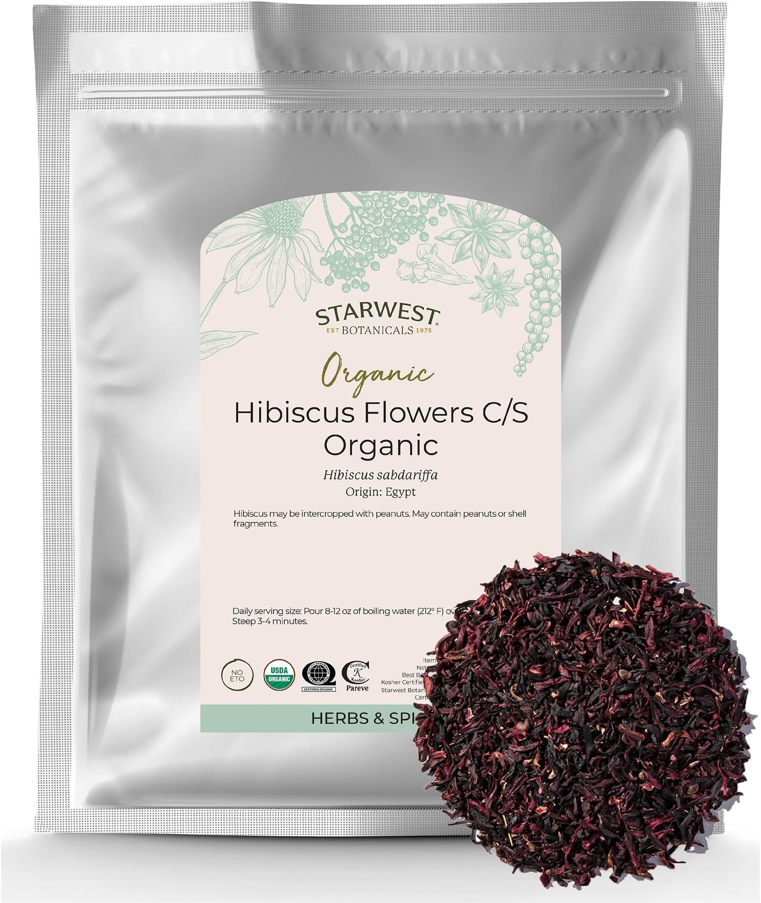 Starwest Botanicals Organic Hibiscus Flowers - Dried Hibiscus Flowers for Loose Leaf Herbal Tea, Caffeine Free, Cut & Sifted, Certified Kosher, Non-GMO - Bulk 1 lb Bag