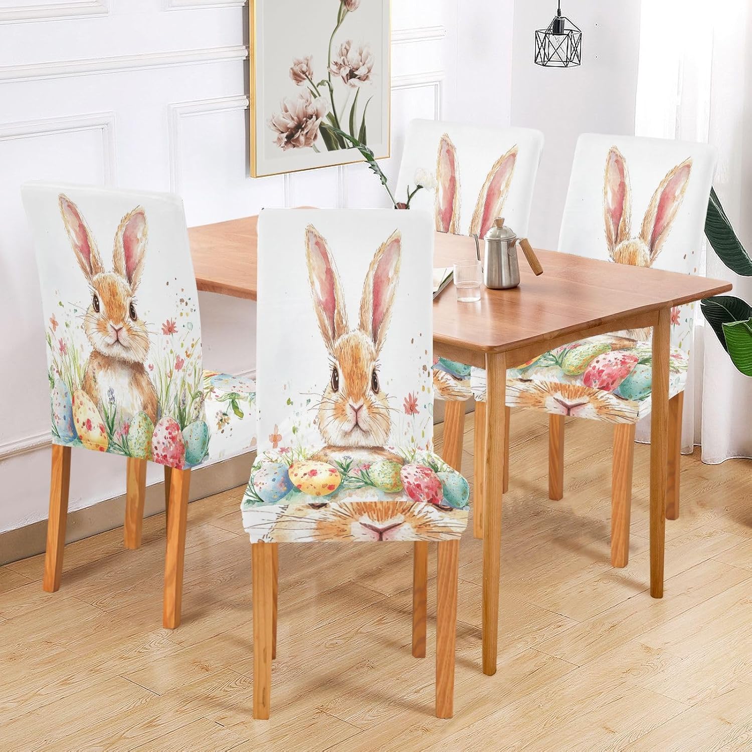 ALAZA Chair Covers for Dining Room, Happy Easter Easter Rabbit Eggs Spring Flowers Stretch Chair Cover Sets Chair Protector Removable Washable for Ktichen Restaurant Hotel