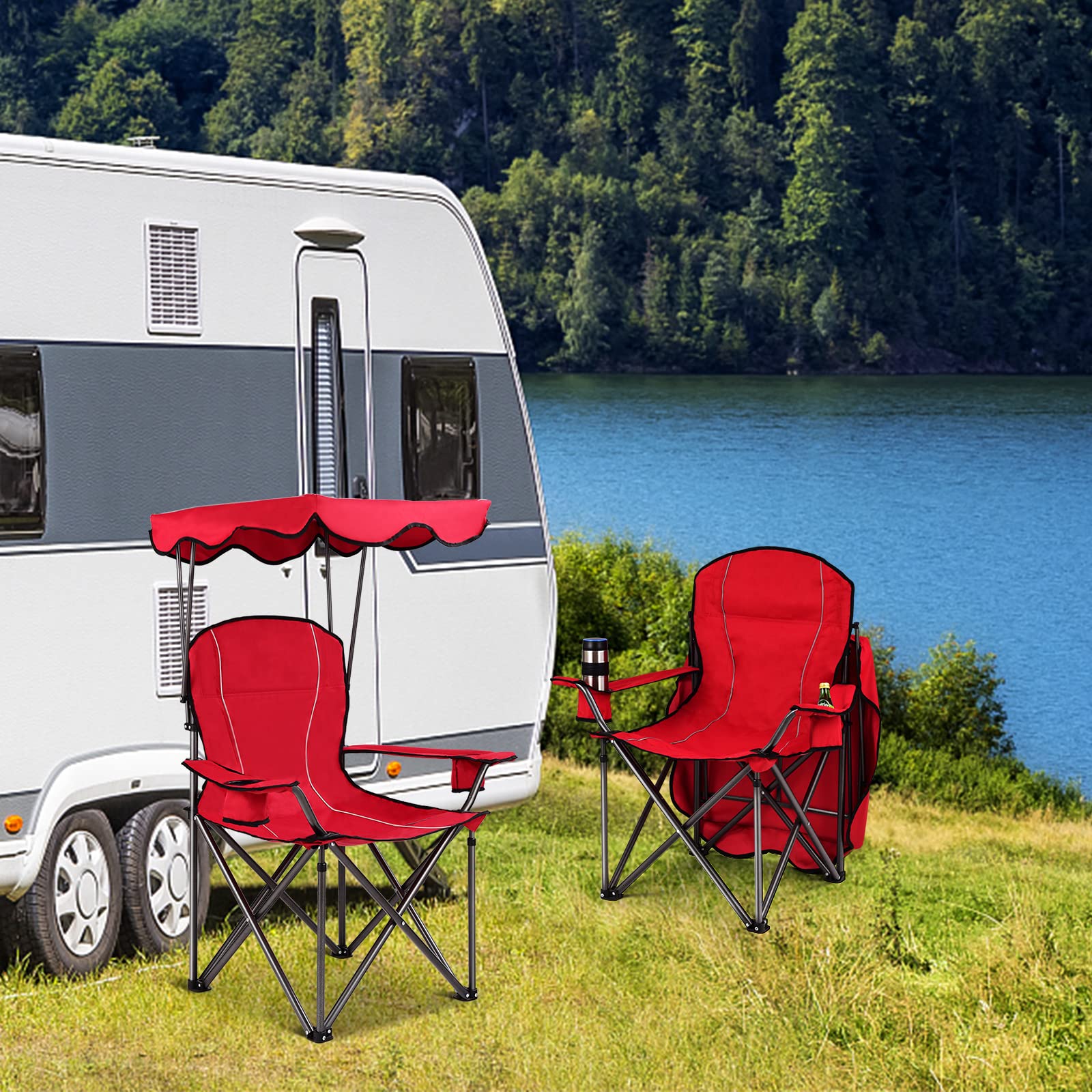 GIANTEX Sedia Pieghevole da Campeggio Leggera con Tetto, 2 Portabicchieri e Borsa per il Trasporto, per Patio, Spiaggia, Campeggio, 91x67x137cm, 2 Colori (Rosso)
