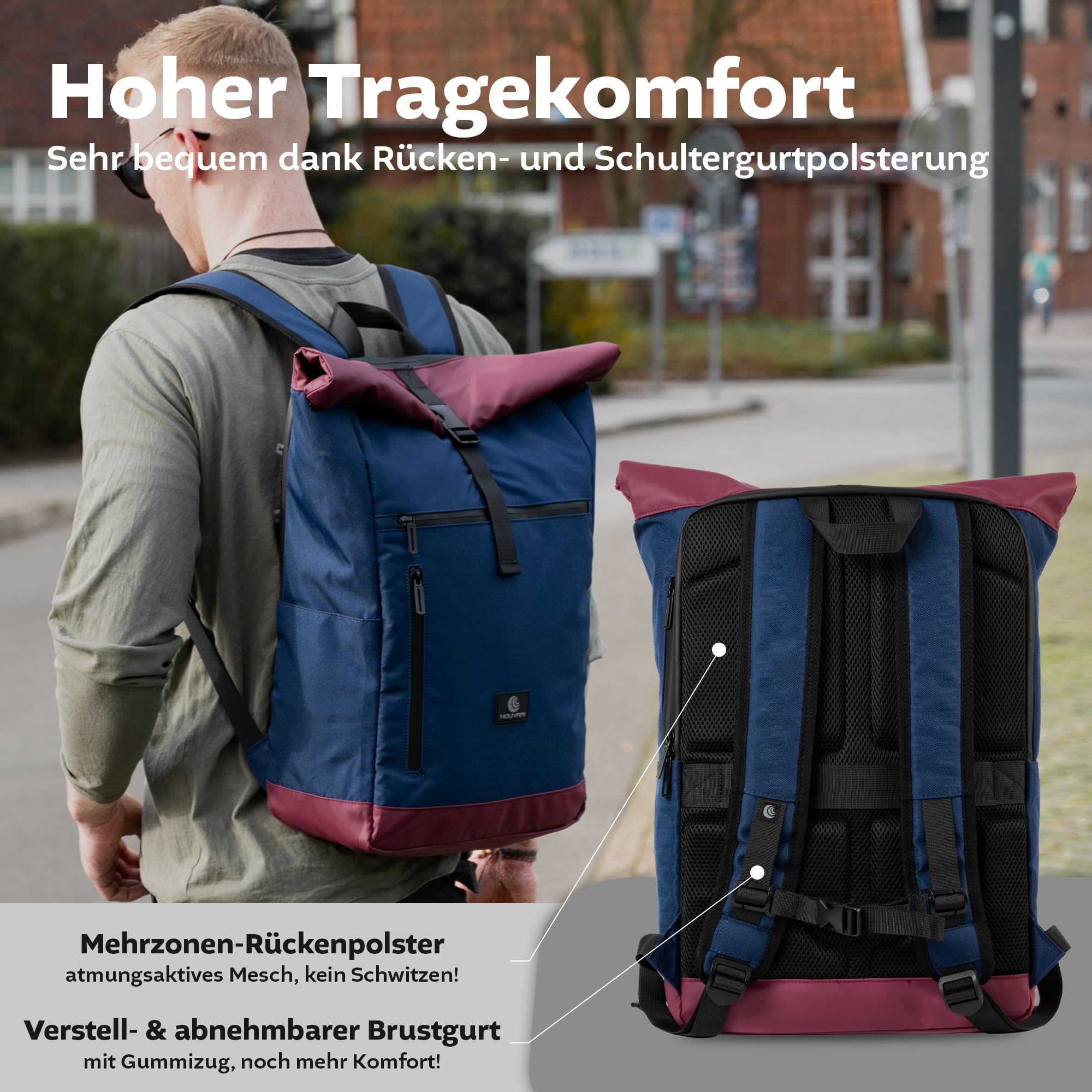 Nouvari Rolltop Rucksack Herren Damen Wasserabweisender Rucksack schwarz mit 17" Laptopfach für Uni Arbeit Freizeit Reiserucksack Groß Backpack Wanderrucksack Rollrucksack 30l
