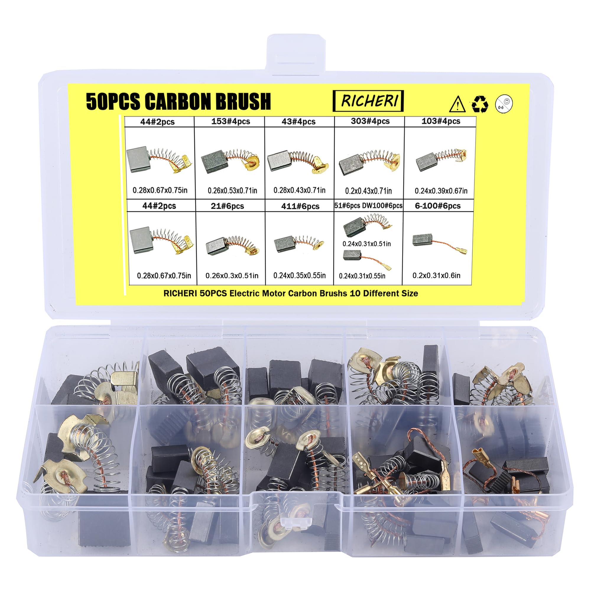 RICHERI Electric Motor Carbon Brushes 10 Different Sizes for Replacement Repair Power Tool Part (50PCS)