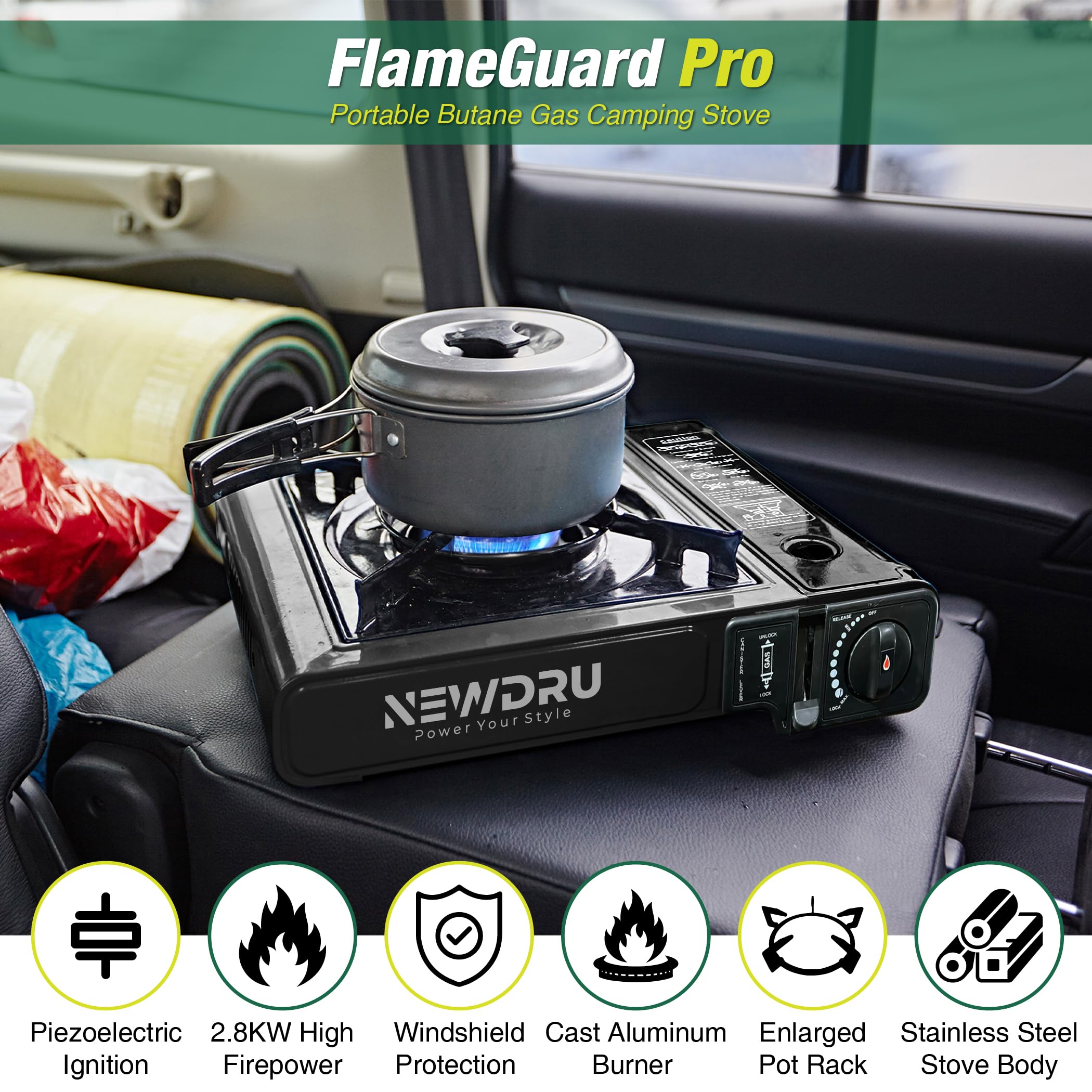 NEWDRU Portable Butane Gas Camping Stove (Without can) | Piezo Auto-Ignition, Adjustable Flame, Pressure Safety Cut-Off | Lightweight Steel Body, MSF-1a Compatible | FlameGuard Pro - Black 3