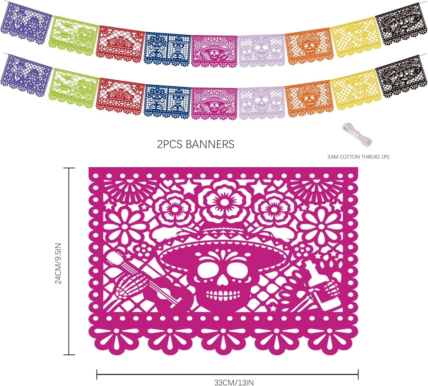Papel Picado Banner for Dia De Los Muertos, 2 Pcs Mexican Fiesta Party Banners, 18 Large Cutout Panels, Day of the Dead Ofrenda Altar Decor (Day of the Dead)