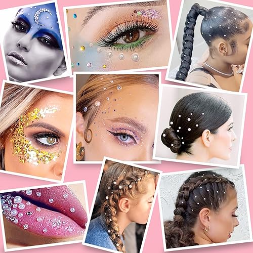 Miniatura 7 de Gemas de diamantes de imitación para el cabello con pegamento de maquillaje, parte trasera plana, joyas coloridas de cristal medio redondo perla