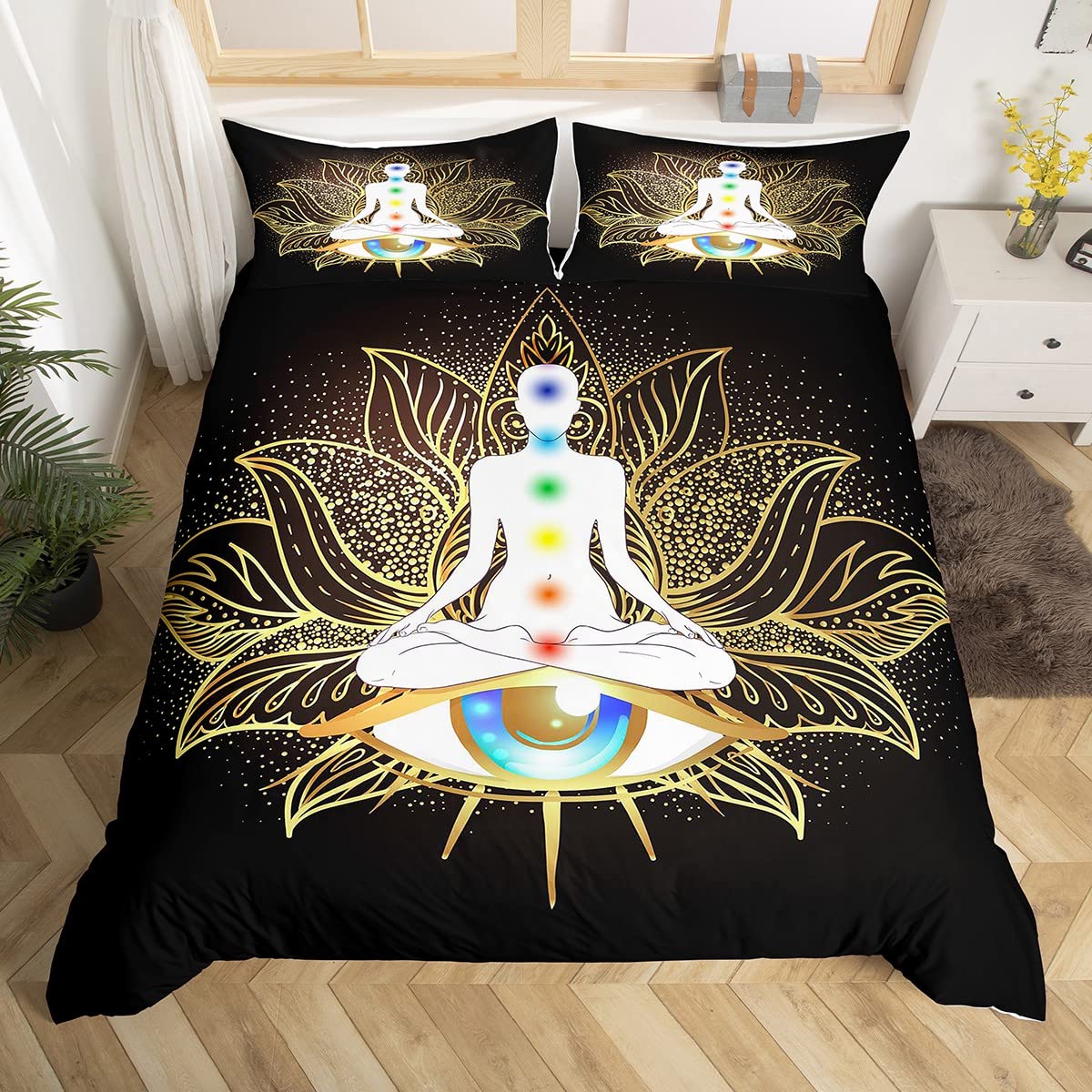 Homewish Yoga Meditation Bedding Set King Trippy Seven Chakra Comforter Cover Hamsa All Seaing Eye Bed Set Neon Gold Lotus Man Ala Duvet Cover Black Indian Hippie Chakra Quilt Cover 3 Piece