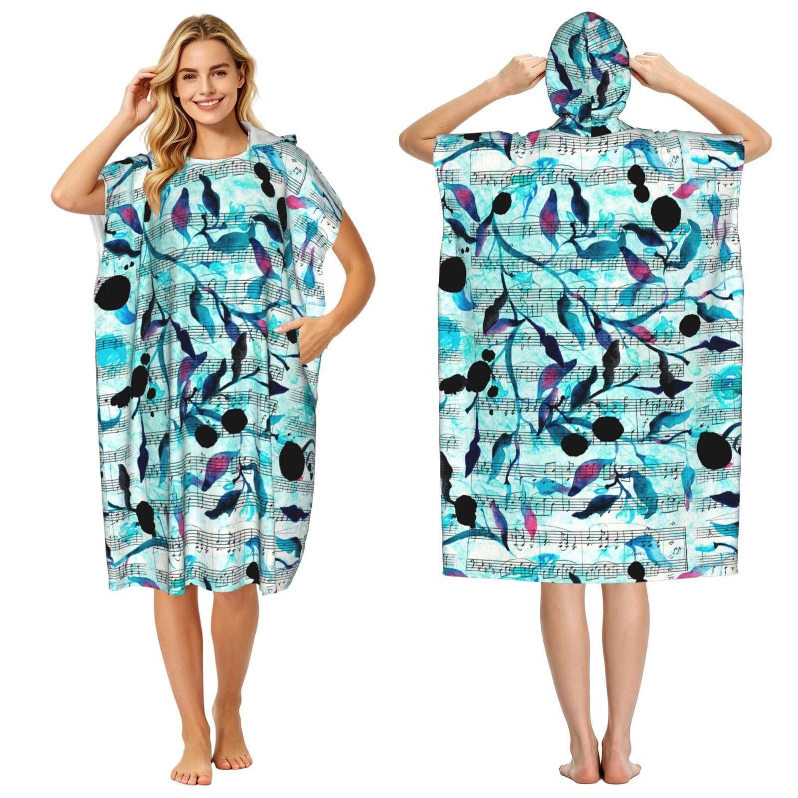 Poadnly Watercolour Music Branches Leaves, Adult Hooded Beach Towel 90 x 110 cm,Changing Bath Robe, Surf Poncho Towel For Women Men