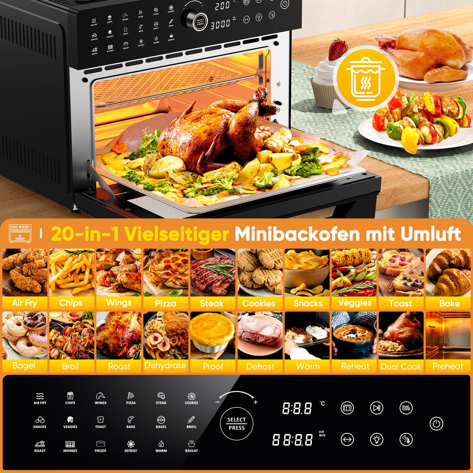 Friggitrice ad Aria Calda 30L Forno ad Aria XXL con Touch Screen a LED,Fornetto Elettrico con 20 Programmi e Due Modalità di Cottura, Friggitrice ad Aria Calda 1800W Forno Friggitrice ad Aria,Timer 8h