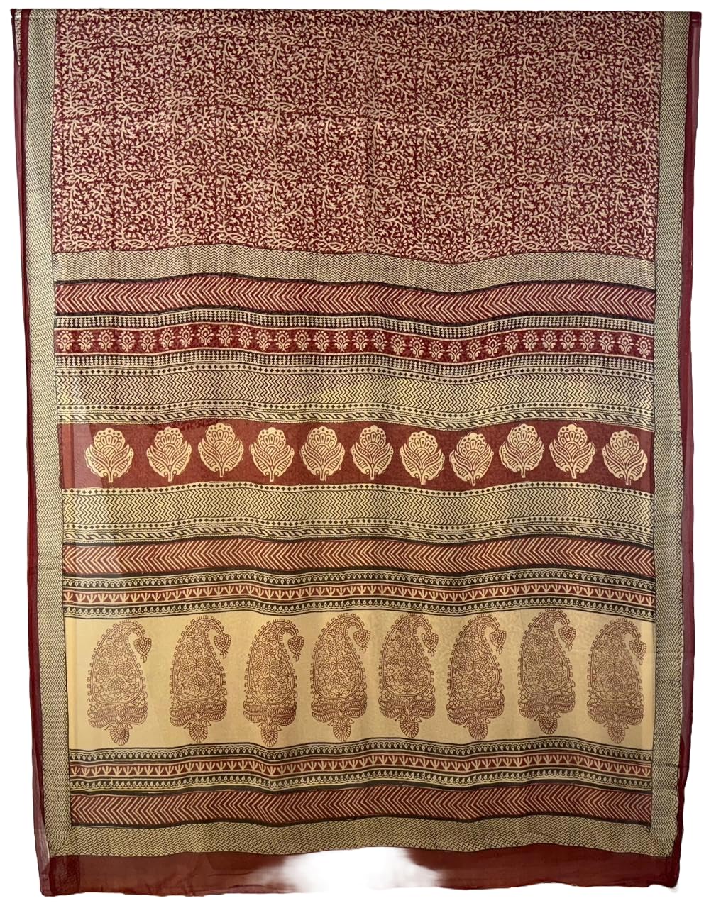 Ratnam's Natural Mulberry Silk Chiffon Saree – Traditional Handwoven | Natural dye | Bagh hand block Printed | Mehroon Black & Beige | Kalamkari Design | Printed by National Awardee-image-15