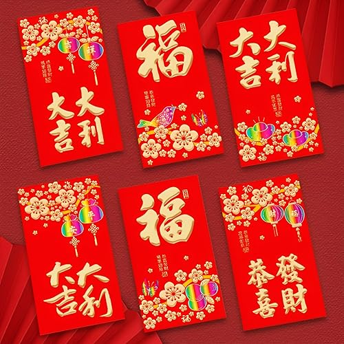 Sobres rojos chinos de 35 x 67 pulgadas 36 piezas 6 diseños de bolsillo rojo lunar para Año Nuevo 2023 Li Xi Hong Bao regalo de dinero de la suerte