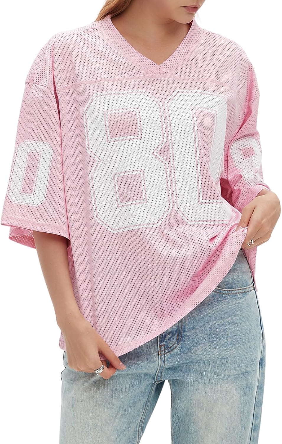 Womens Graphic Tees - Oversized Jersey Summer Top Jersey Top Coquette Clothes Y2k Streetwear Short Sleeve Shirts Medium Pink