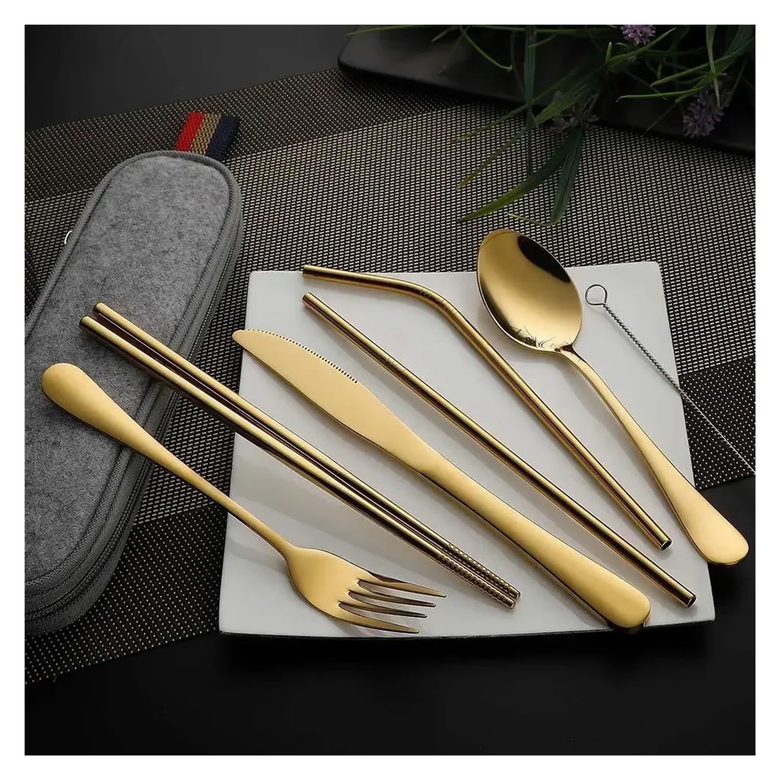 8 unids/set vajilla reutilizable juego de cubiertos viaje utensilios campamento con cuchara acero inoxidable tenedor palillos paja Estuche portátil(Purple)