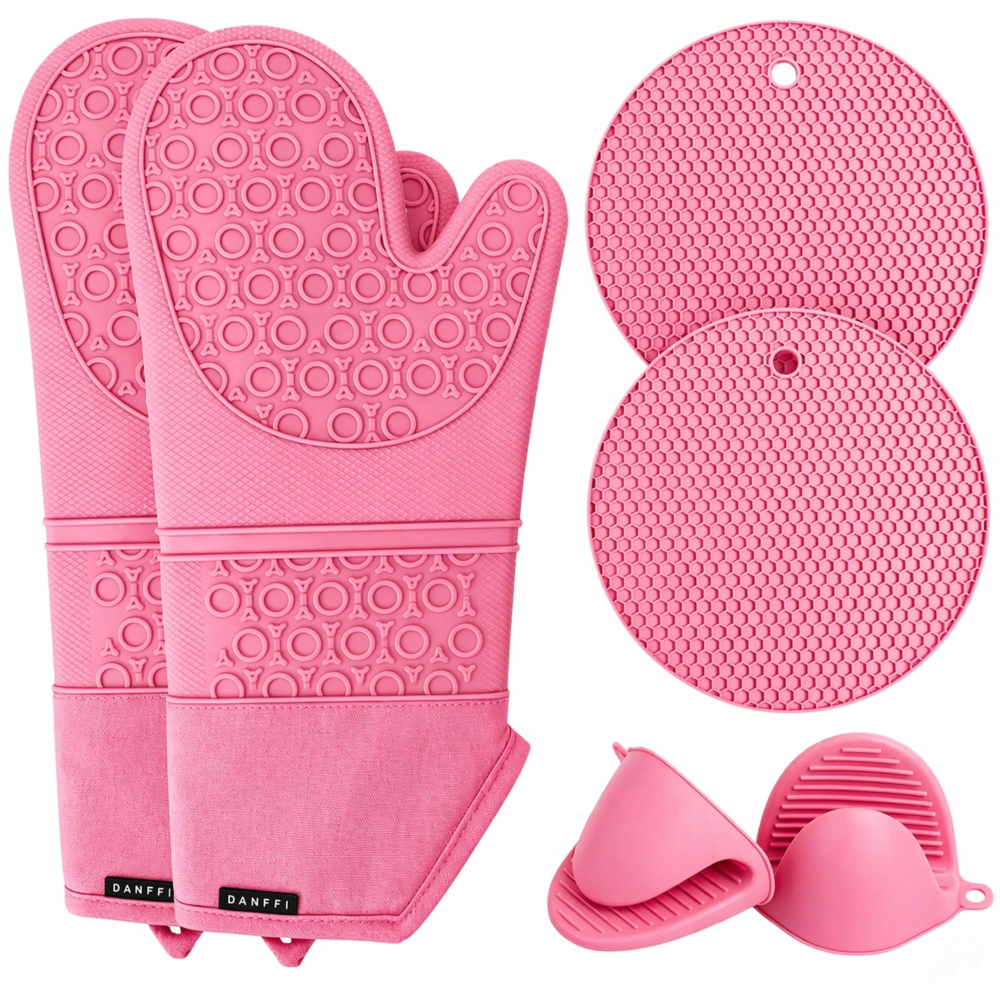 Silikon-Ofenhandschuhe und Topflappen, hitzebeständige Küchenhandschuhe, rutschfester, strukturierter Griff, flexibles Silikon mit weichem Baumwollfutter (6 Stück, Rosa)