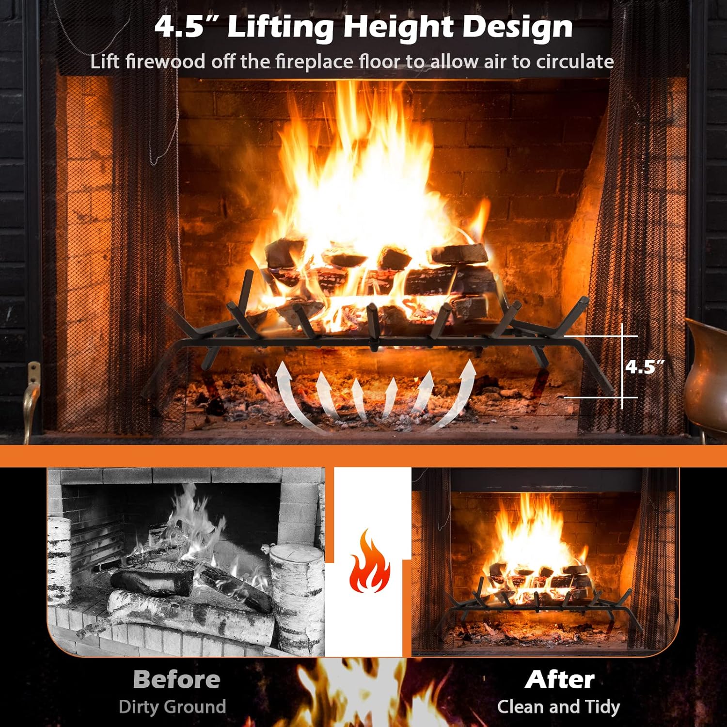 IRONMAX 31’’ Fireplace Grate, Heavy Duty Firewood Log Burning Holder w/ 7 Solid Steel Bar, Outdoor/Indoor Fire Kindling Tools Rack for Pits, Stoves, Camping Cooking