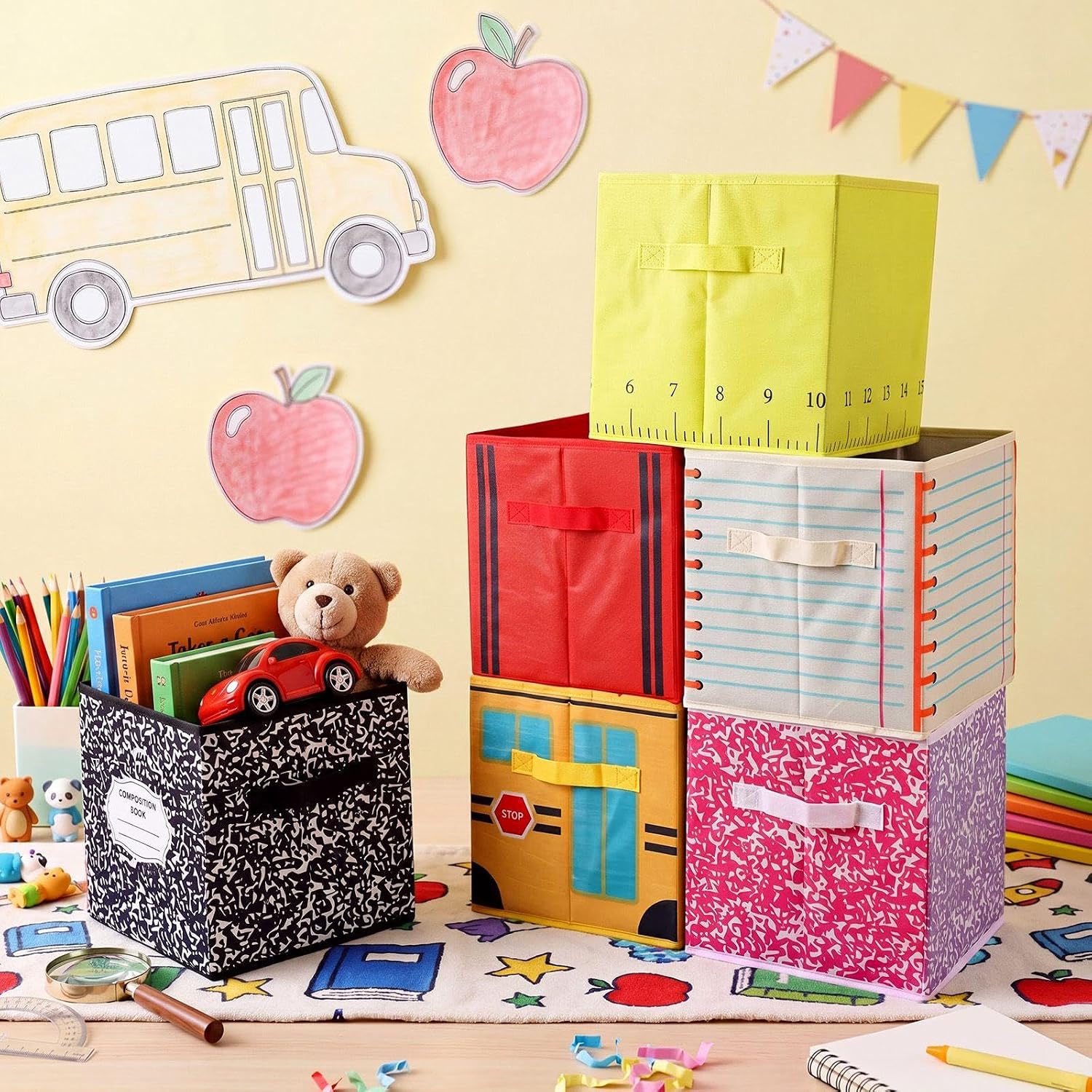 6 Pcs Back to School Fabric Cube Storage Bins with Handles Colorful Classroom Collapsible Folding Basket Organizers Box for Library Nursery Room Rectangle Storage Bin Bedroom Daycare
