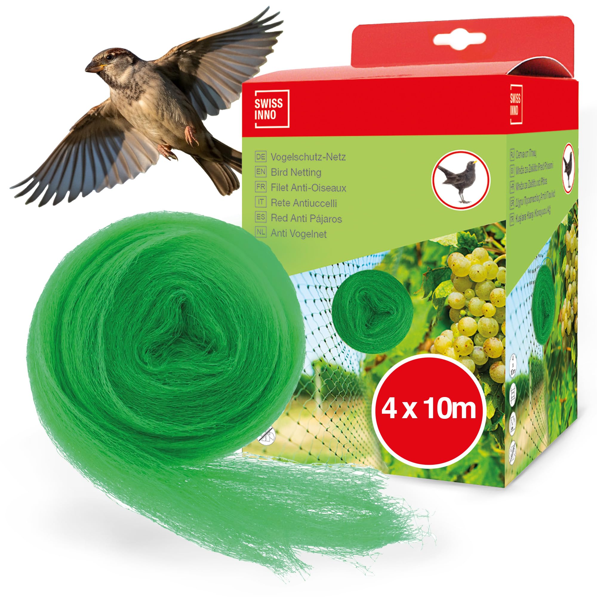 SWISSINNO Malla Antipajaros 4x10m - Red Protección para Campos, Cultivos - Malla para Aves, Protege Plantas, Frutas, Flores, Estanques - Verde