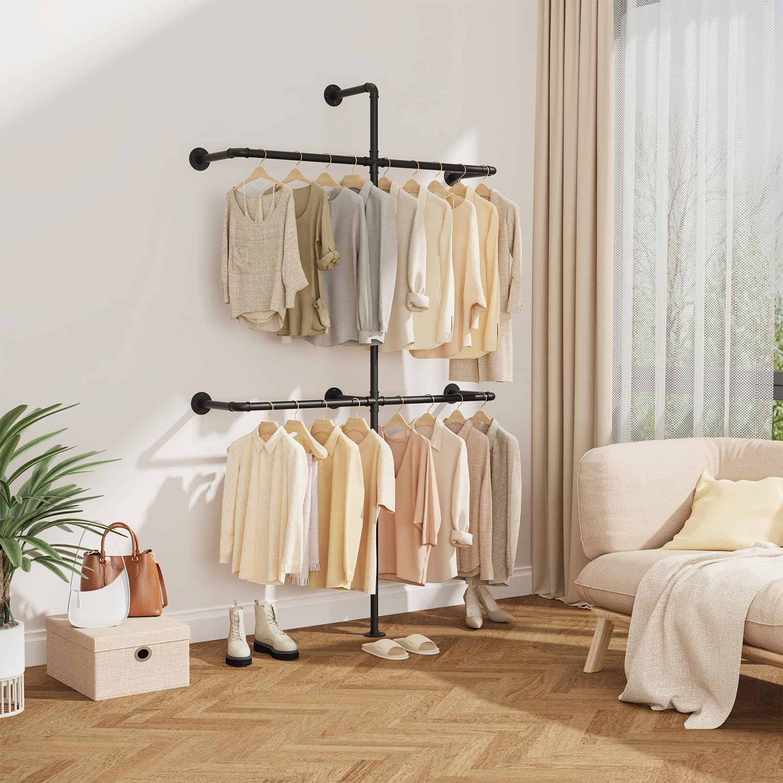 Yawinhe Barra Para Colgar Ropa de Pared,2 Columnas Armario Abierto,Negro | Metal Colgadores de ropa, Perchero de Pared Industrial,Perchero Pared para Colgar Ropa;Barra Pesada Montada en la Pared