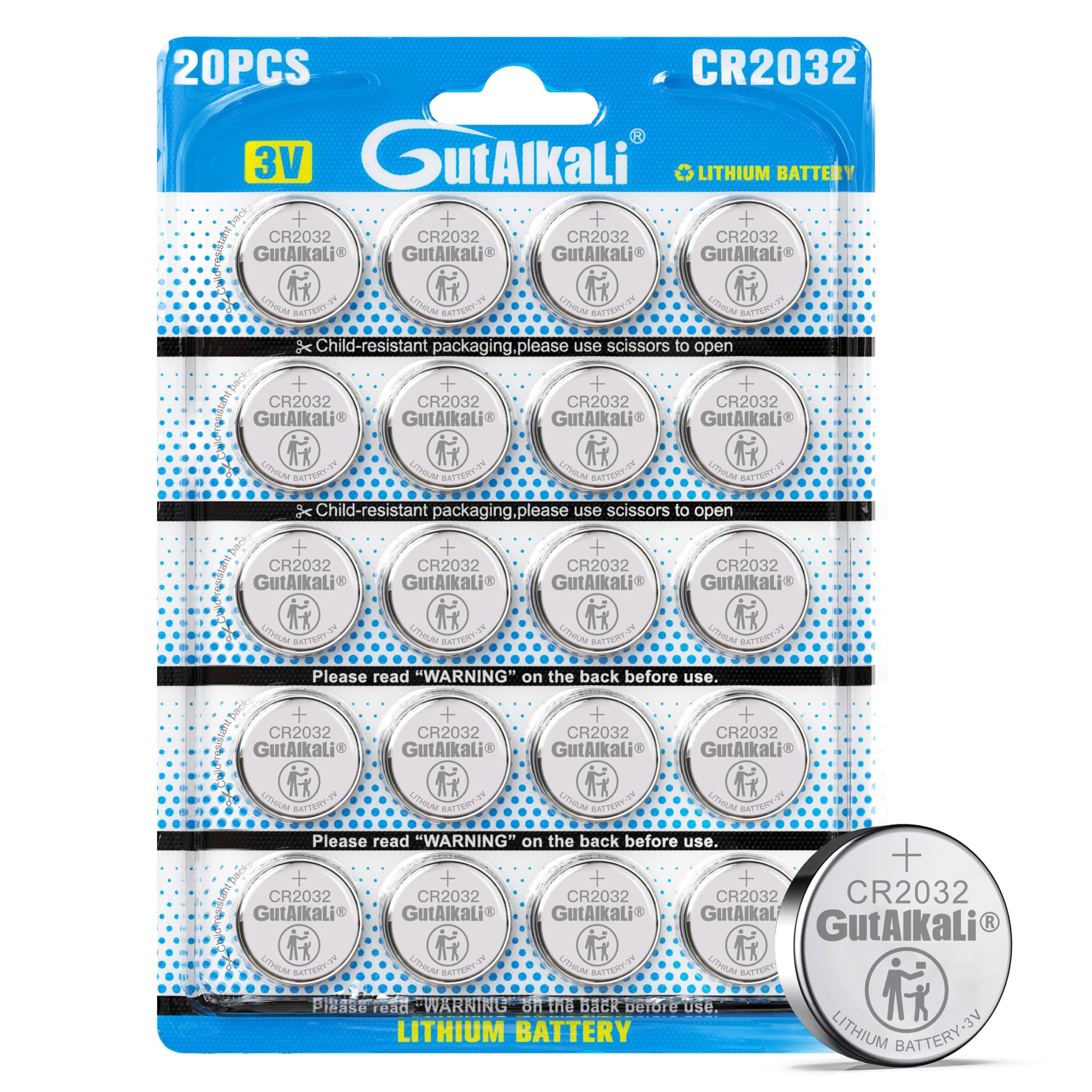 GutAlkaLi CR2032 3V Lithium Knopfzelle Elektro CR 2032 Lithium, 4 Packungen mit je 5 Einheiten, 20 Stück