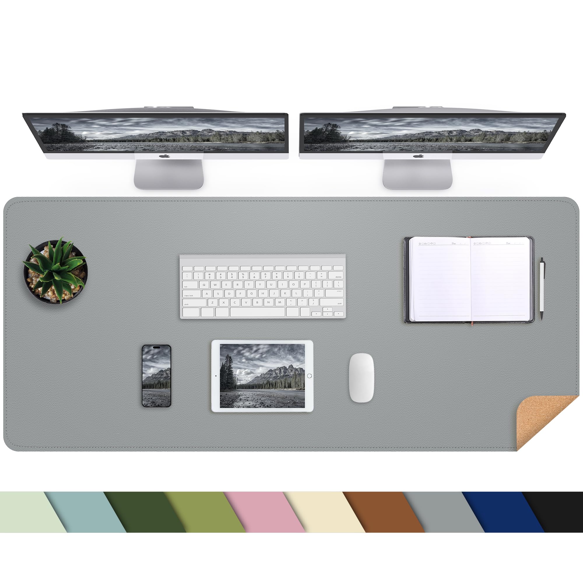 Leather Desk pad Protector,47" x 17" Large Desk mat with Natural Cork & PU Leather,Mouse pad,Non-Slip Office Desk Mat,Waterproof Desk Writing Pad for Office and Home (Light Gray)