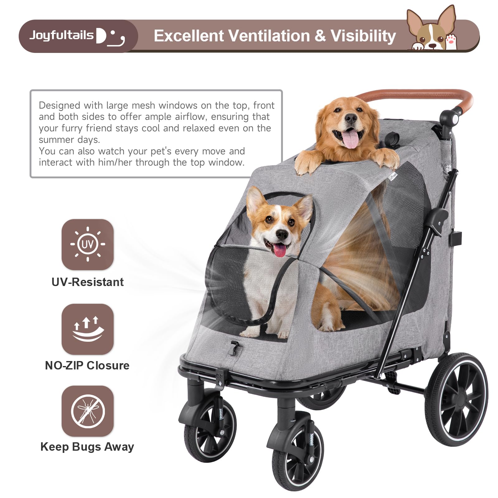Hundewagen Hundebuggy bis 50 kg, Faltbarer Hundetrolley, Katzenbuggy für große und mittelgroße Hunde, Hundebuggy Große Hunde Schwerlast Hundewagen mit 4 Rädern Verstellbarer Griff