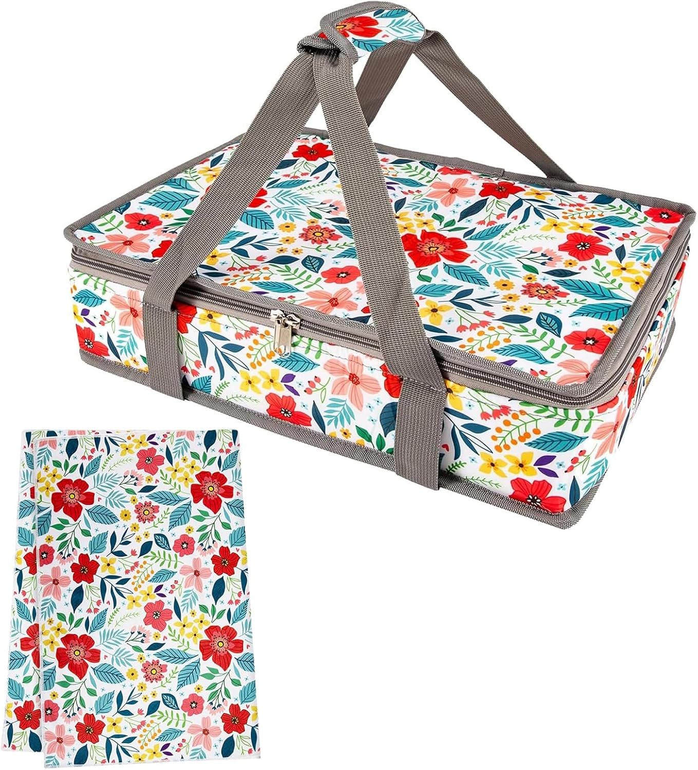 Pioneer Woman Style Casserole Carrier Insulated with Microfiber Kitchen Dish Towels, Thermal Food Warmer Bag for 9x13 Casserole Dish, Floral Lasagna Lugger, Housewarming Hostess Gift for Women 2 PCS