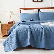 opso Queen Size Quilt Bedspread Sets, Cotton Bedding Set with 2 Pillowcases, Prewashed Lightweight Soft Quilted Cross Stitch Vintage Full Size Coverlet Comforter Sets, Blue