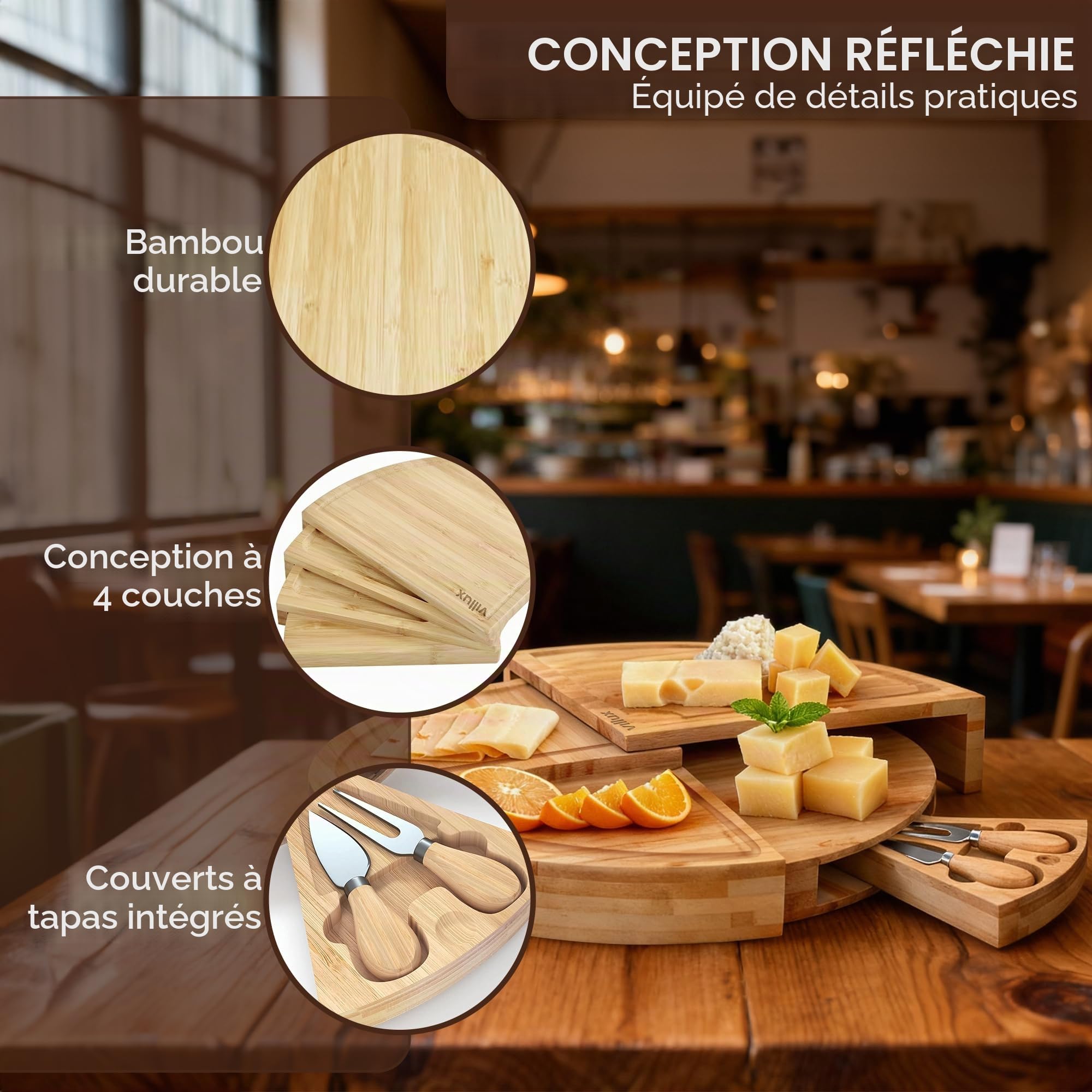 Plateau de Service en Bambou - Plateau à Fromage et Charcuterie Avec Set de Couteaux - Planche en Bois
