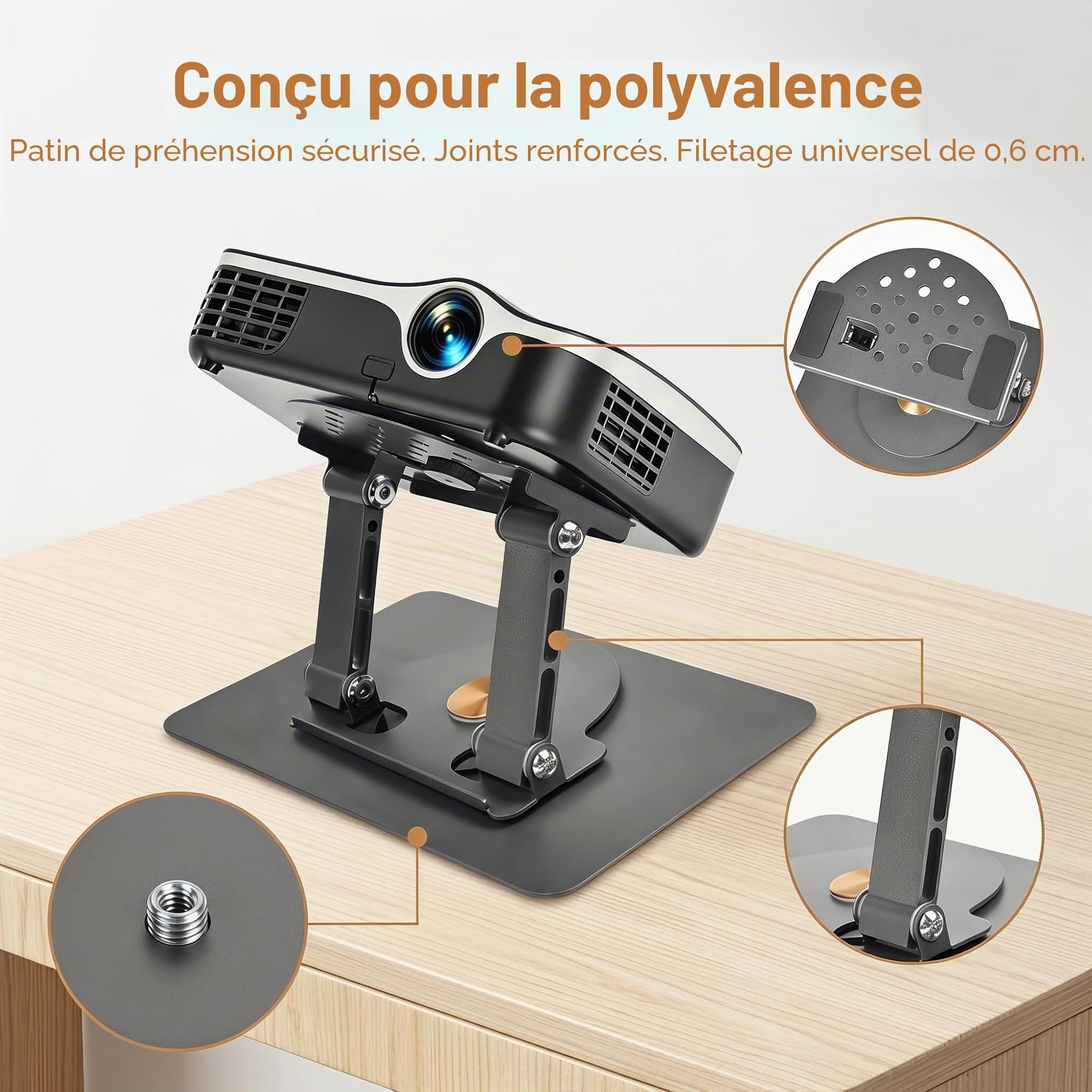 Support de Videoprojecteur Projecteur, Support de Projecteur Rotatif à 360° Support Videoprojecteur Surface de la Table Support Pliable pour Projecteur avec Interface à Vis 1/4" Noir