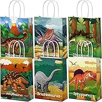 Vista 12 de Pajean 24 bolsas de caramelos de dinosaurio con asa, bolsas de papel de recuerdo de fiesta de dinosaurios, regalos para niños, envoltura