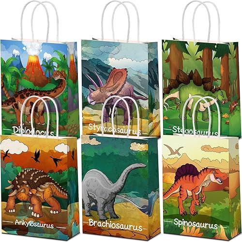 Miniatura 12 de Pajean 24 bolsas de caramelos de dinosaurio con asa, bolsas de papel de recuerdo de fiesta de dinosaurios, regalos para niños, envoltura