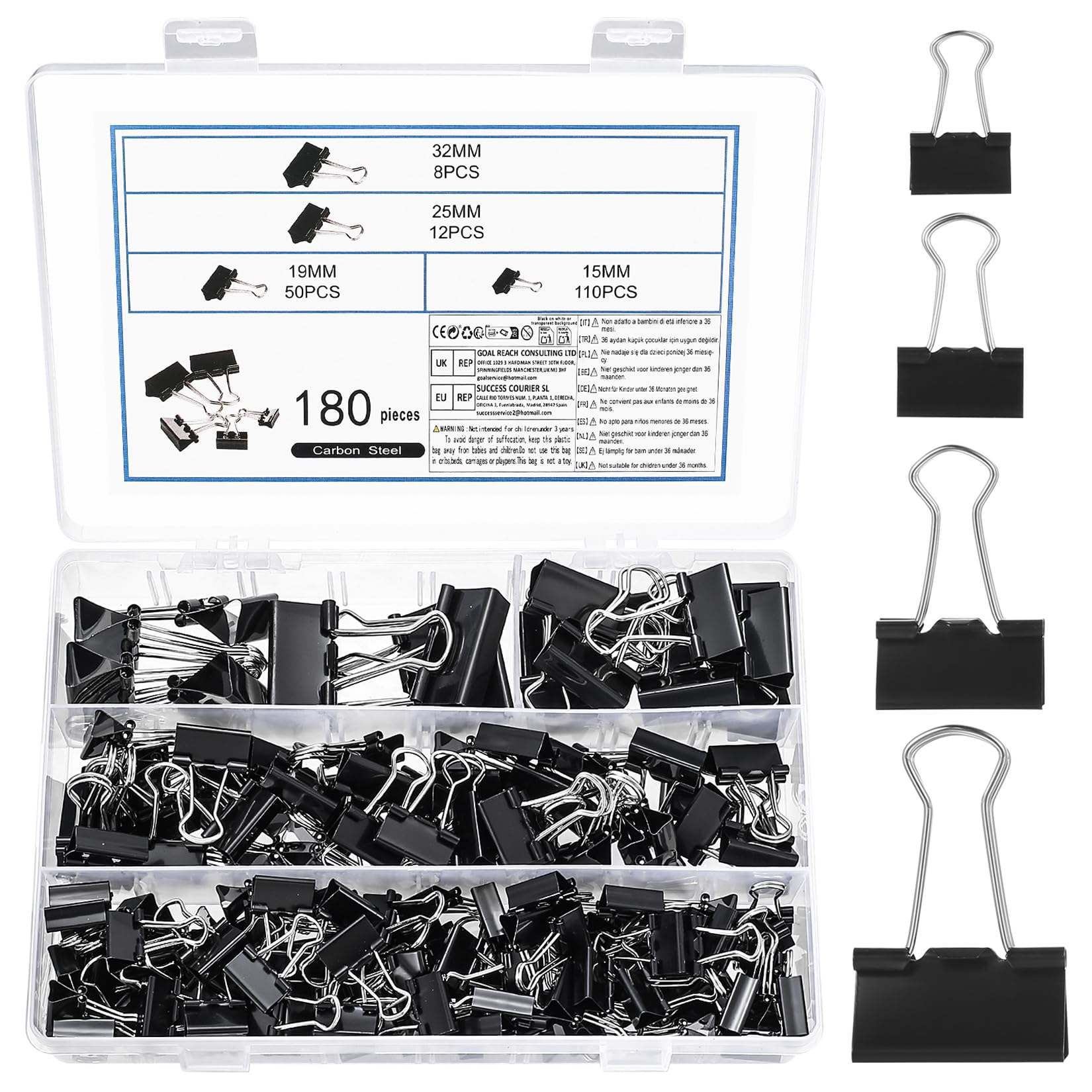 180 Pcs Bulldog Clips, Office Paper Clips, Binder Clipss, Metal Foldback Clamps for Office Home School Stationery File Money Paperclips(Black, 15/19/25/32mm)