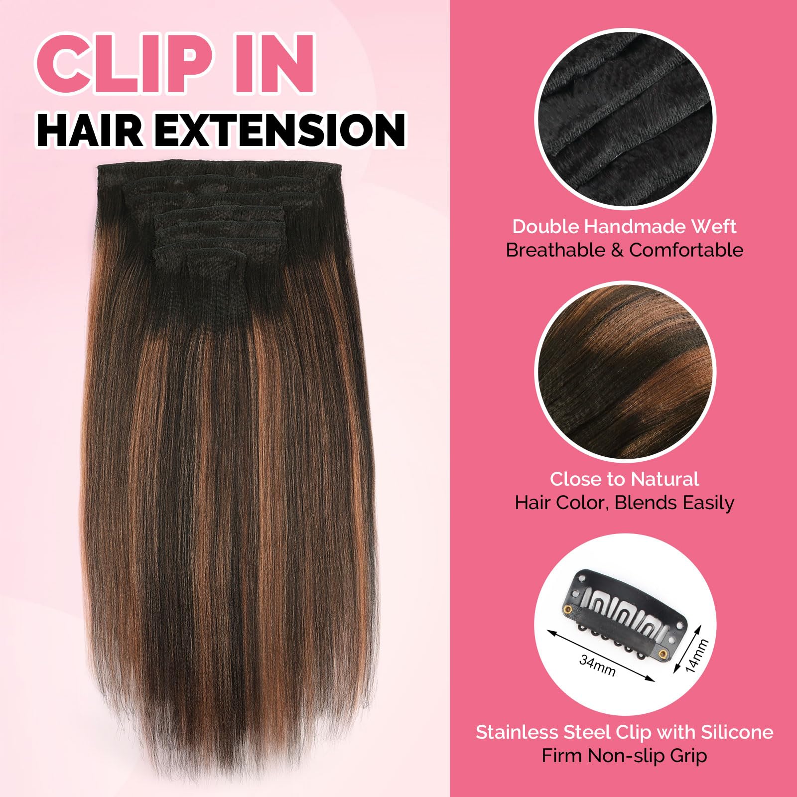 Yuniffe Yaki Straight Clip in Hair Extensions for Black Women Real Human Hair Clip ins Rooted Black Fading to Natural Black #1B Mixed With Auburn #30 Double Weft Remy Yaki Hair 20 Inch 7Pcs 120g - Image 3