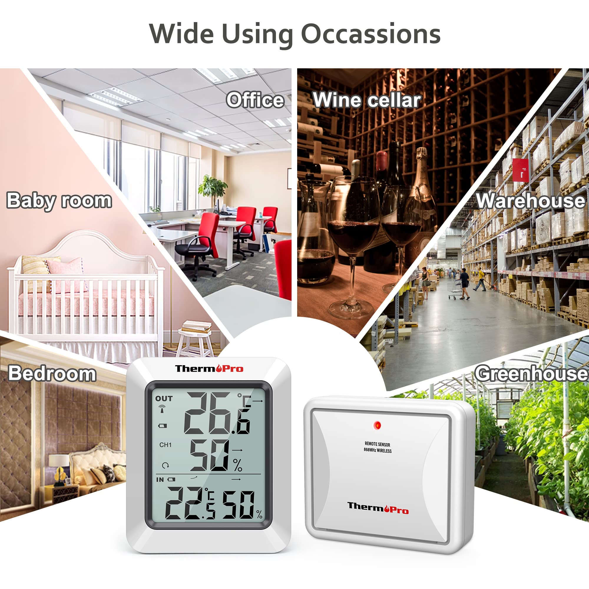 ThermoPro TP60S Radiowa stacja pogodowa z czujnikiem zewnętrznym, higrometrem, termometrem, monitorem parametrów klimatycznych, zasięg do 150 m