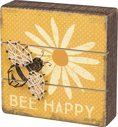 Cartel de caja de arte con texto en inglés "Primitives by Kathy Slat String Art Box Sign, 6" x 6" (Bee Happy) (35313)