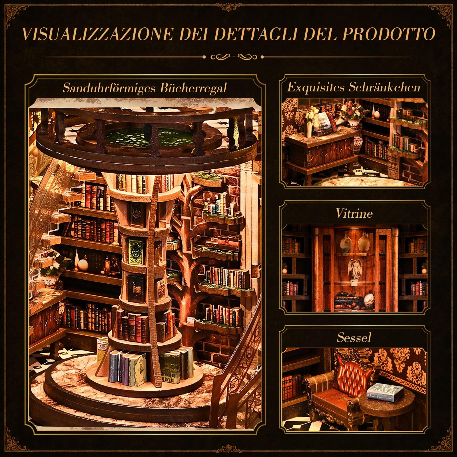 JONRRYIN Book Nook Bausatz Erwachsene, Weisheitsringe 3D Holzpuzzle mit LED-Licht, Miniatur Bausatz, Holzbausatz & Modellbausatz DIY, Kreatives Geschenk (Bibliothek)