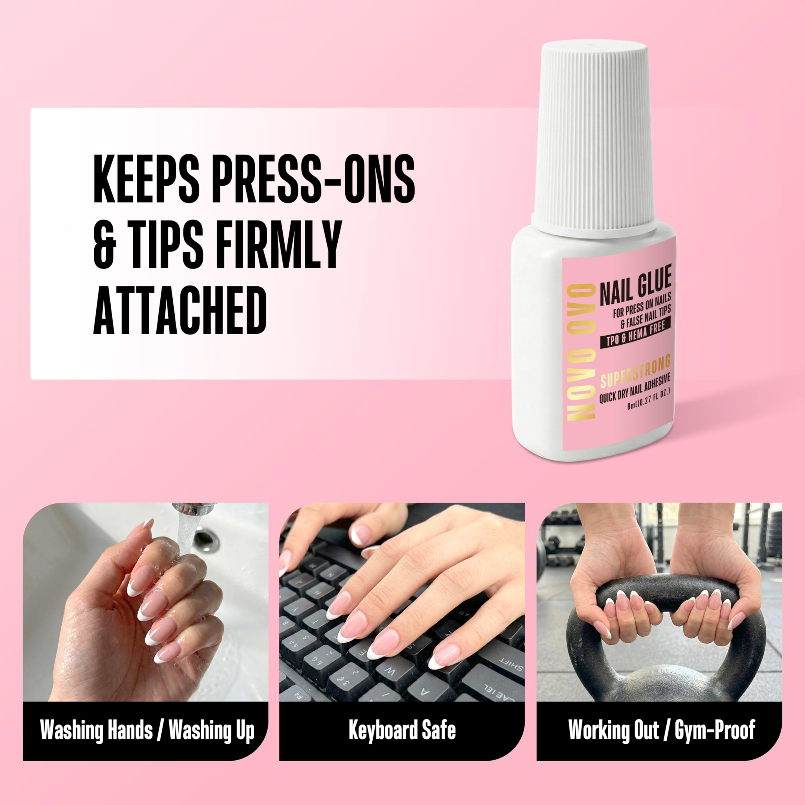 NOVO OVO Klej do paznokci Extra Mocny do Press On Nails i Tipsów (8 ml) – TPO i HEMA FREE. Brush On Nail Glue do sztucznych paznokci, akrylu i pękniętych paznokci. 21+ dni trzymania, 8 s czas