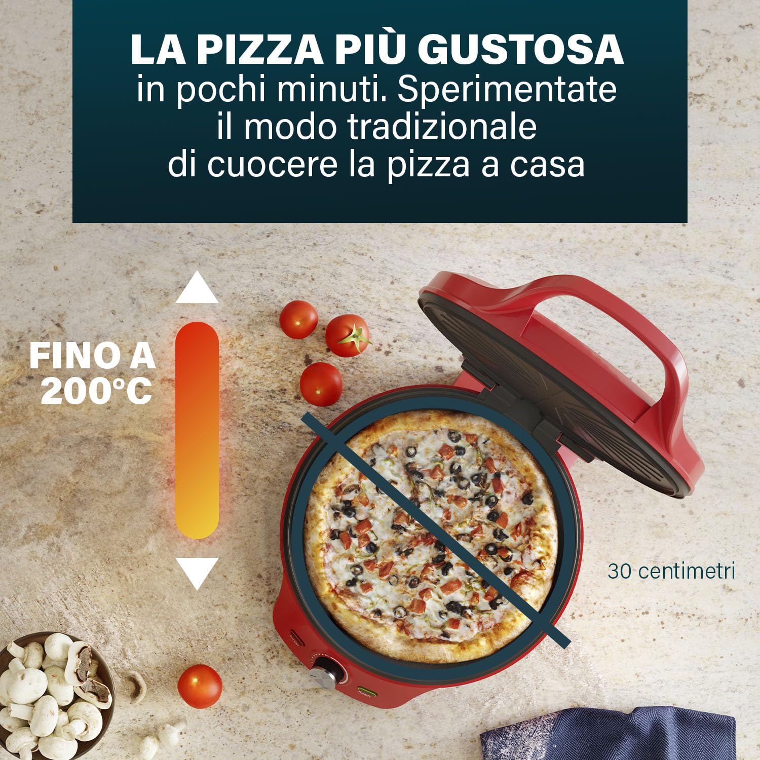 Princess Pizza Maker - Ø 32 cm - Termostato regolabile - Multifunzione - Funzione grill inclusa - fino a 200°C - 115007